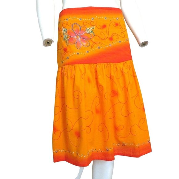 Madrid Hand Painted Drop Waist Skirt M Orange Gathered Knee Length Festival Mod - Picture 1 of 12